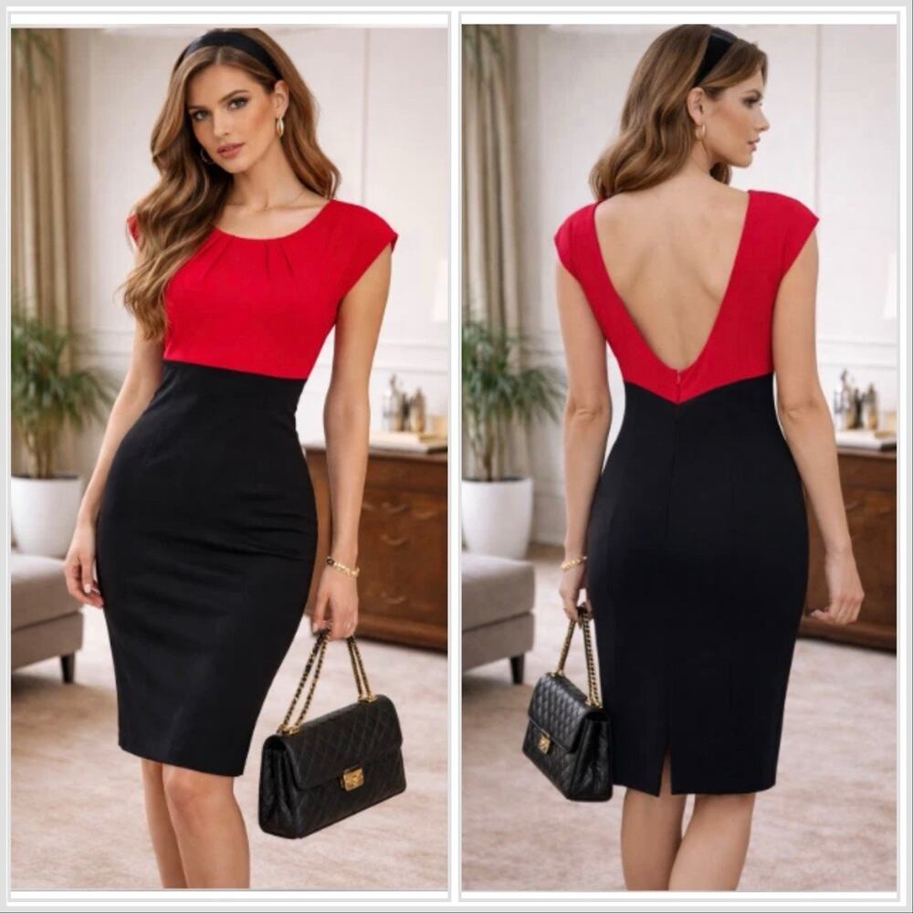 VTG 90s Jason Wu Collection Sheath Dress Red Black Low Back Midi Sz 8 Cocktail